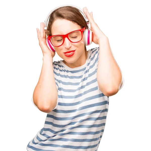 Joven Bonita Mujer Escuchando Música Con Auricular — Foto de Stock