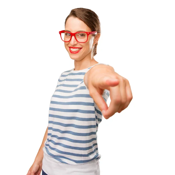 Young Pretty Woman Pointing Front — Stock Photo, Image