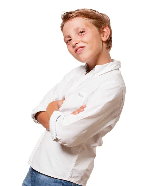 Young Blonde Boy Proud Pose White Background — Stock Photo, Image