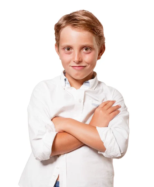 Νεαρό Ξανθό Αγόρι Σταυρωμένα Χέρια — Φωτογραφία Αρχείου