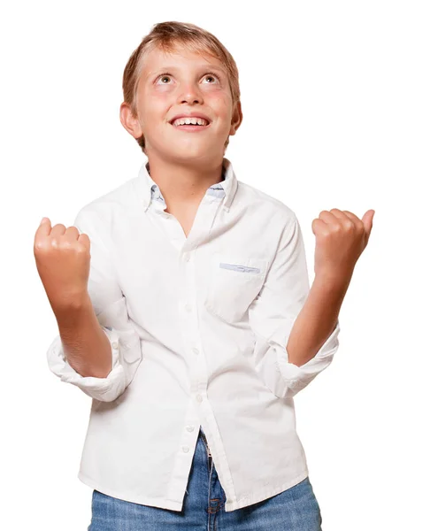 Ung Pojke Med Celebranting Uttryck Över Vit Bakgrund — Stockfoto