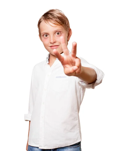 Young Blonde Boy Number Three Sign White Background — Stock Photo, Image