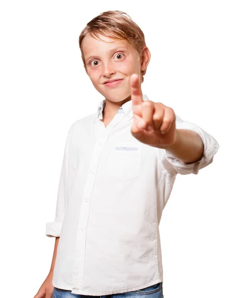 Young Blonde Boy Number One Sign White Background — Stock Photo, Image