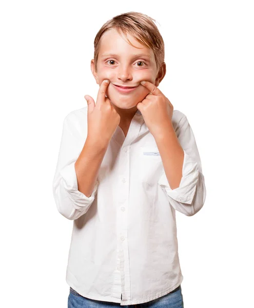 Νεαρό Ξανθό Αγόρι Χαμογελά Πάνω Από Λευκό Φόντο — Φωτογραφία Αρχείου
