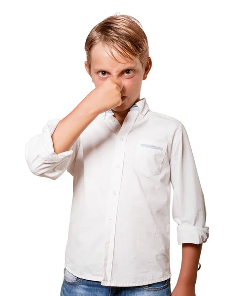 Ung Blond Pojke Med Dålig Lukt Logga Över Vit Bakgrund — Stockfoto