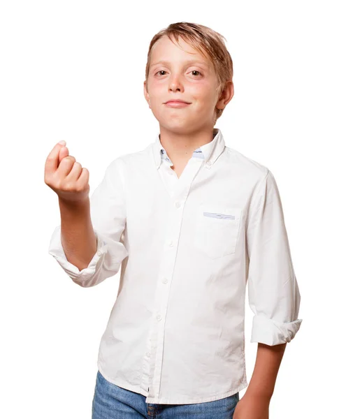 Young Blonde Boy Money Sign White Background — Stock Photo, Image