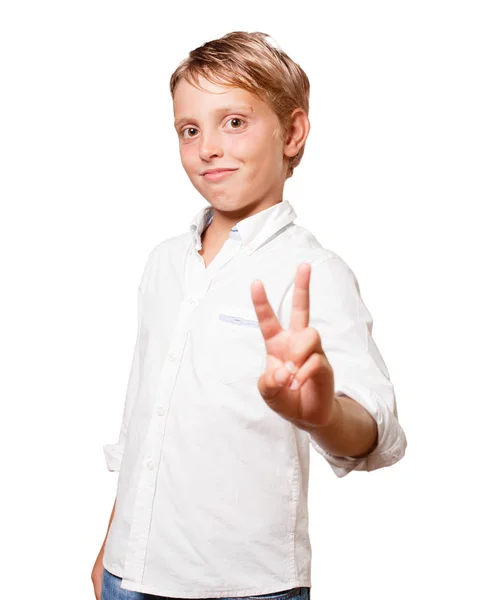 Young Blonde Boy Victory Sign White Background — Stock Photo, Image