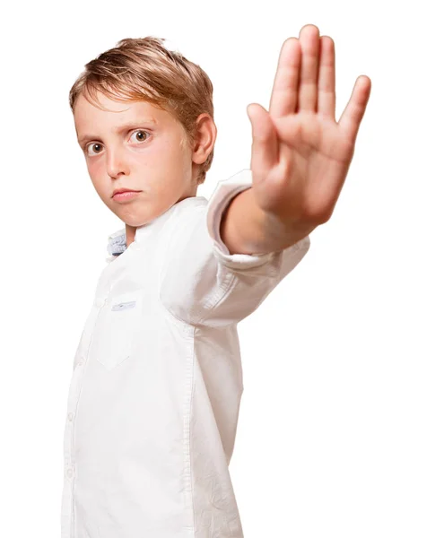 Young Blonde Boy Stop Sign White Background — Stock Photo, Image