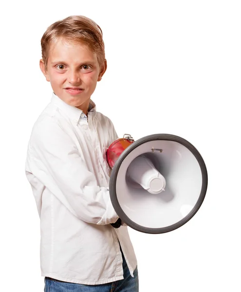 Jovem Loira Menino Com Megafone — Fotografia de Stock