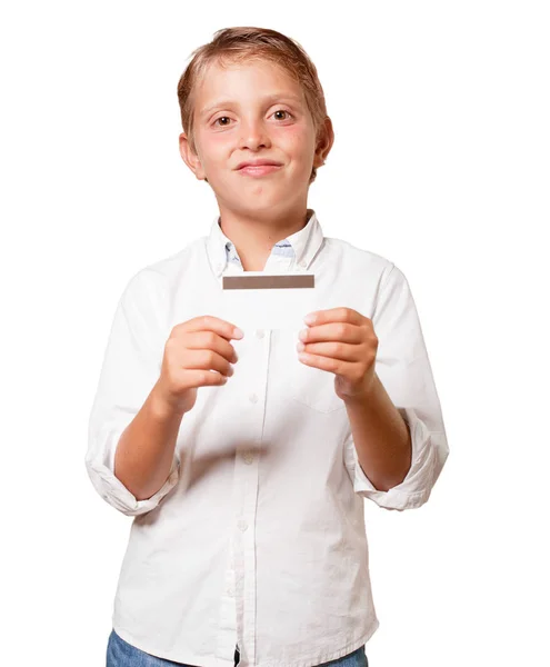 Menino Com Cartão Crédito Contra Fundo Branco — Fotografia de Stock