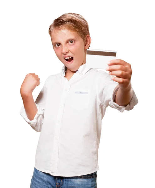 Young Boy Credit Card White Background — Stock Photo, Image