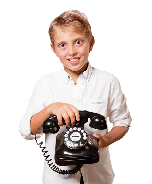 Jovem Loira Menino Com Vintage Telefone Contra Fundo Branco — Fotografia de Stock