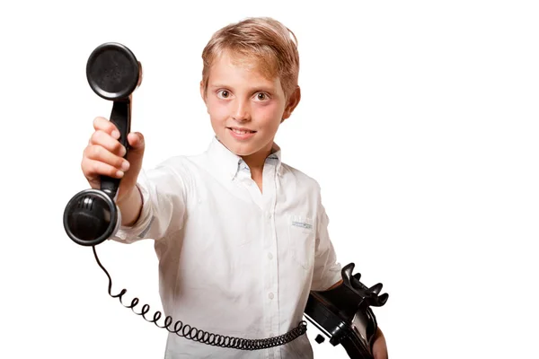 Jovem Loira Menino Com Vintage Telefone Contra Fundo Branco — Fotografia de Stock