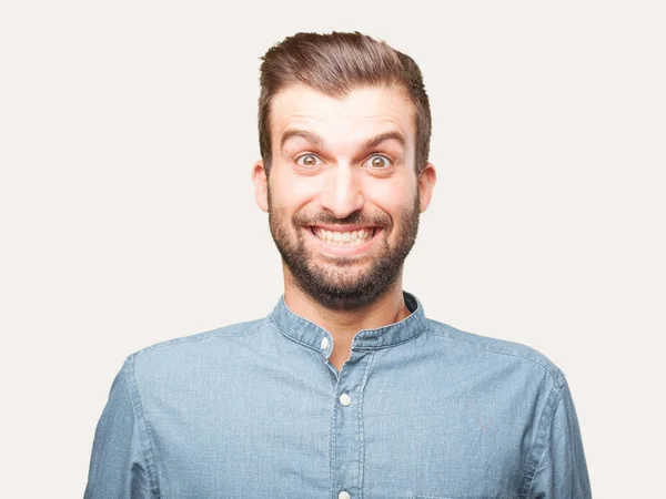 Young Handsome Man Surprised Shocked Expression Wearing Blue Shirt Happy — Stock Photo, Image