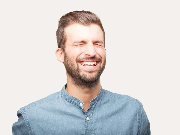 Jonge Knappe Man Lachen Glimlachen Draagt Een Blauw Shirt Gelukkig — Stockfoto