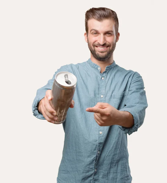 Young Handsome Man Blue Denim Shirt Offering Beer Pint Bottle — Stock Photo, Image