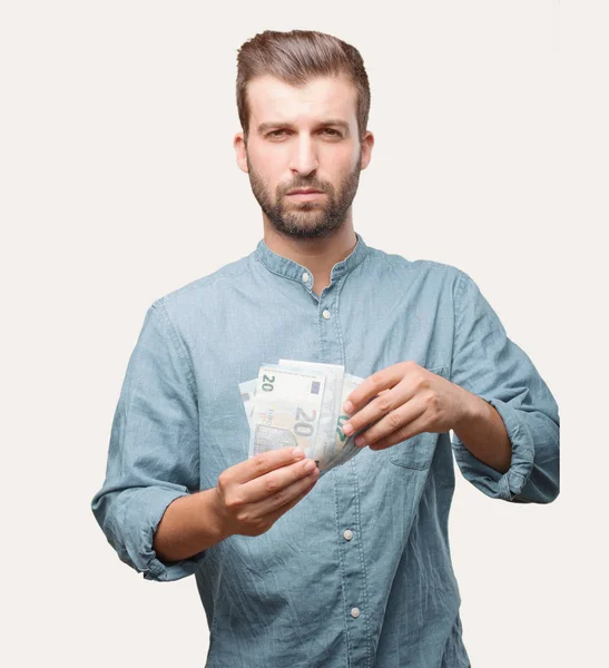 Joven Hombre Guapo Camisa Mezclilla Azul Con Billetes Euros Satisfecho — Foto de Stock