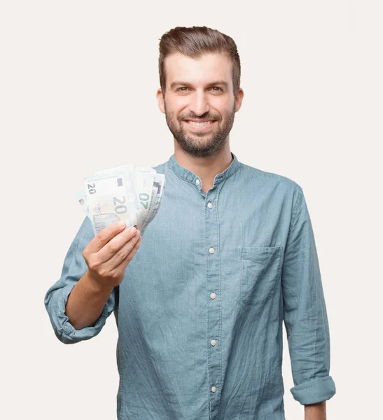 Jovem Bonito Camisa Jeans Azul Com Notas Euros Satisfeito Comemorando — Fotografia de Stock