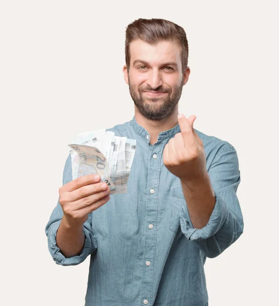 Jovem Bonito Camisa Jeans Azul Com Notas Euros Satisfeito Comemorando — Fotografia de Stock