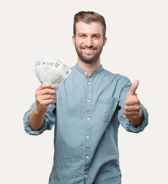 若いハンサムな男 青デニム シャツ ユーロ紙幣 満足し 彼の成功を祝います お金の概念 モノクロの背景に対して隔離される人 — ストック写真