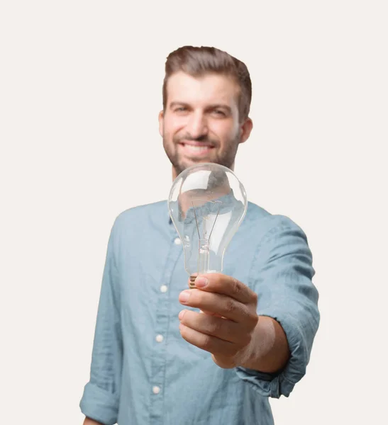 Young Handsome Man Blue Denim Shirt Having Idea Holding Light — Stock Photo, Image