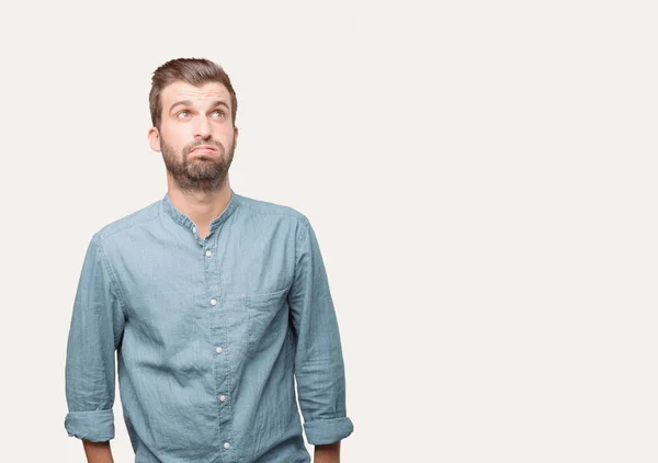 Young Handsome Man Blue Denim Shirt Boring Estressed Expression Person — Stock Photo, Image