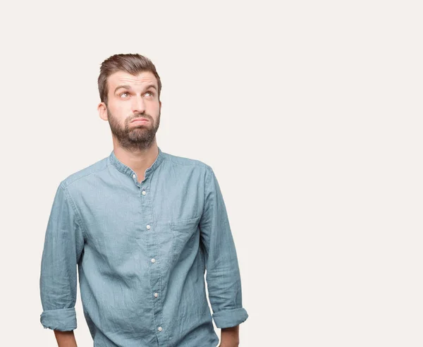 Homem Bonito Novo Camisa Azul Jeans Expressão Aborrecida Estressed Pessoa — Fotografia de Stock