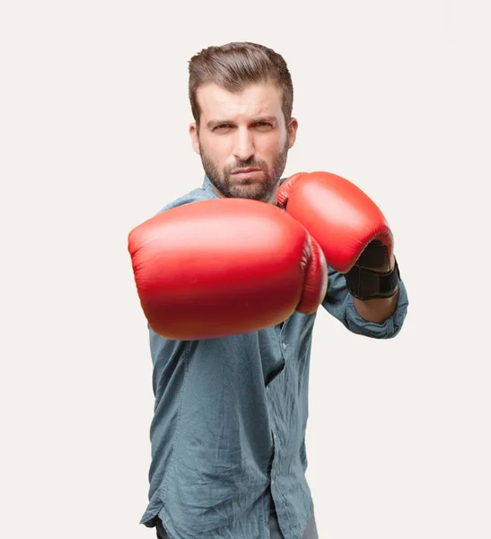 Young Handsome Man Boxing Red Gloves Wearing Blue Denim Shirt — Stock Photo, Image