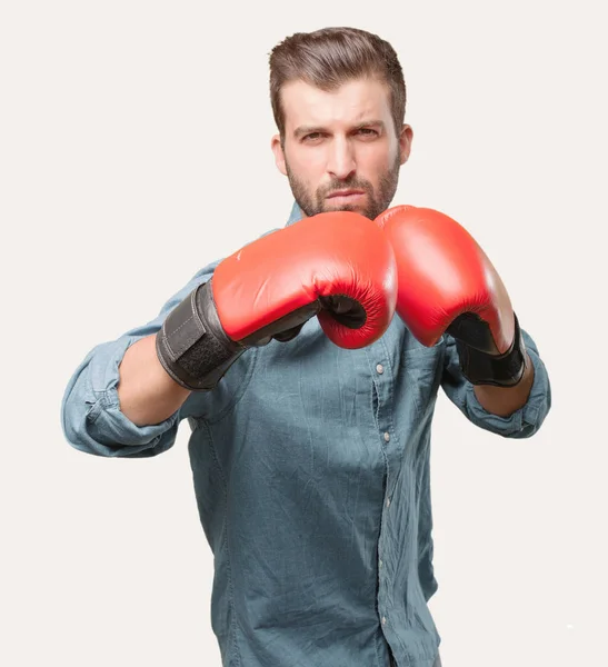 Young Handsome Man Boxing Red Gloves Wearing Blue Denim Shirt — Stock Photo, Image