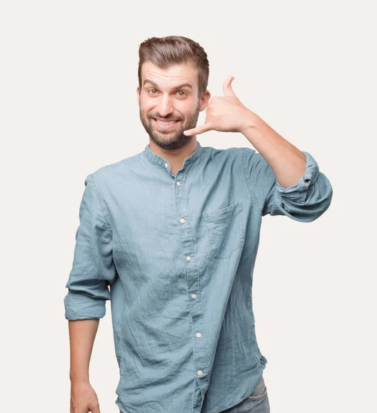 Ung Vacker Man Med Anropssignal Bär Blå Jeansskjorta Person Som — Stockfoto