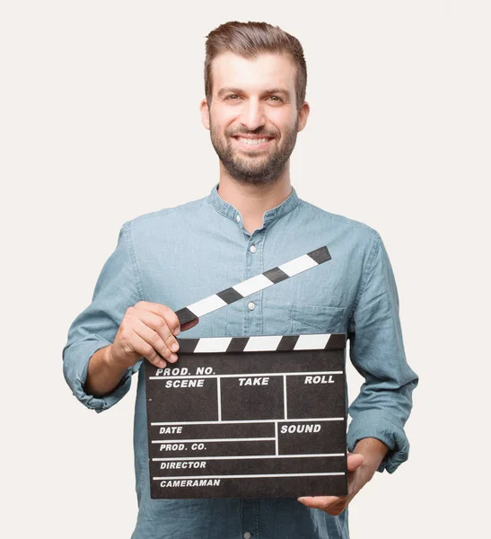 Ein Junger Gutaussehender Mann Einem Blauen Jeanshemd Mit Kinoklöppel Person — Stockfoto