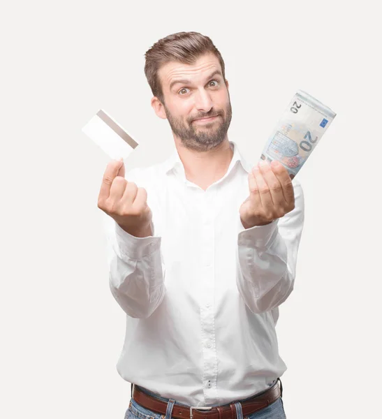 Homem Bonito Jovem Com Cartão Crédito Notas Euro Vestindo Shirt — Fotografia de Stock