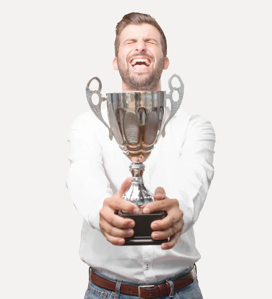 Young Handsome Man Holding Trophy Wearing White Shirt Success Expression — Stock Photo, Image