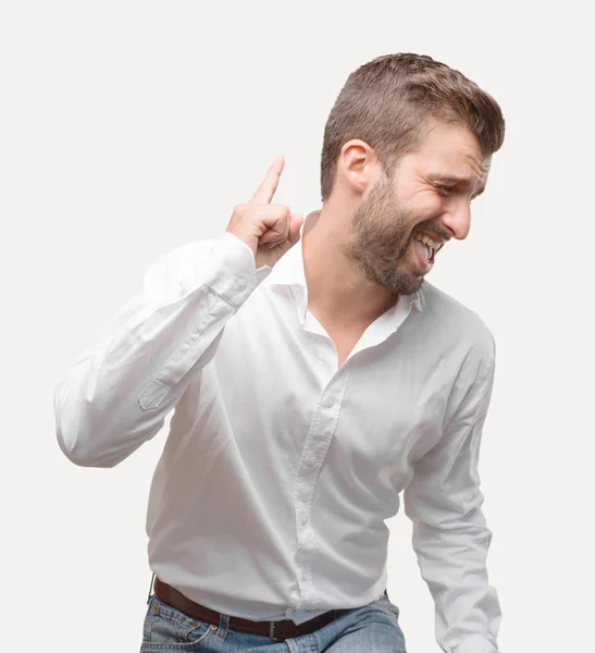 Junger Gutaussehender Mann Tanzt Weißem Shirt Fröhlicher Gesichtsausdruck Person Isoliert — Stockfoto