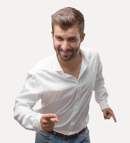 Homem Bonito Jovem Dançando Vestindo Shirt Branca Expressão Feliz Pessoa — Fotografia de Stock