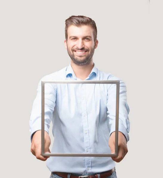Young Handsome Man Holding Steel Frame Wearing Blue Shirt Happy — Stock Photo, Image