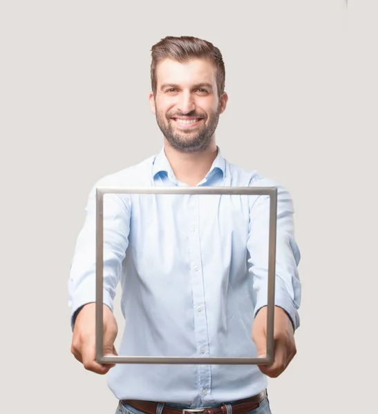 Junger Gutaussehender Mann Mit Stahlrahmen Blaues Shirt Fröhlicher Gesichtsausdruck Person — Stockfoto