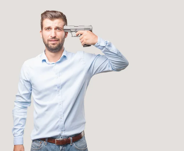 Young Handsome Man Suicide Pose Pistol Wearing Blue Shirt Person — Stock Photo, Image