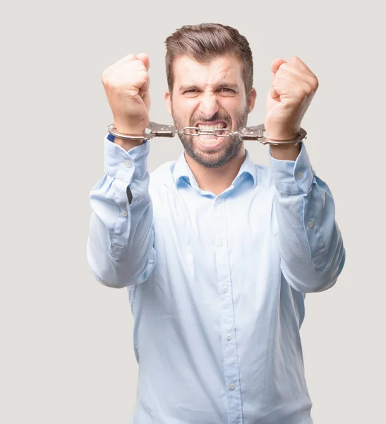 Young Handsome Man Angry Expression Shouting Wearing Blue Shirt Person — Stock Photo, Image