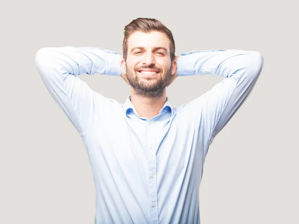 Joven Hombre Guapo Satisfecho Vistiendo Camiseta Azul Persona Aislada Contra — Foto de Stock