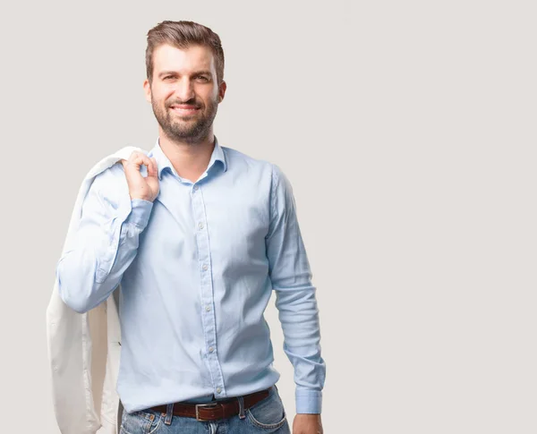 Young Handsome Man Proud Happy Expression Wearing Blue Shirt Person — Stock Photo, Image