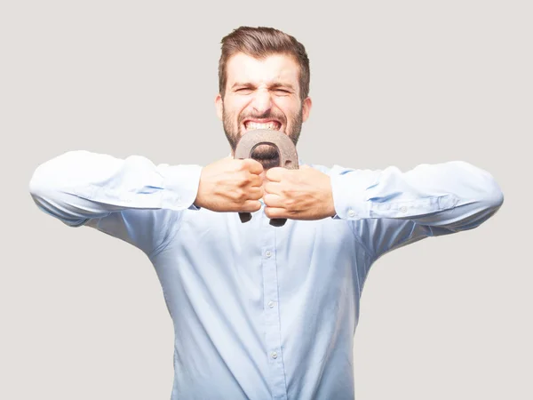 Young Handsome Man Horse Shoe Wearing Blue Shirt Person Isolated — Stock Photo, Image