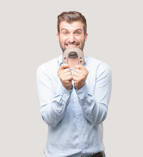 Young Handsome Man Horse Shoe Wearing Blue Shirt Person Isolated — Stock Photo, Image