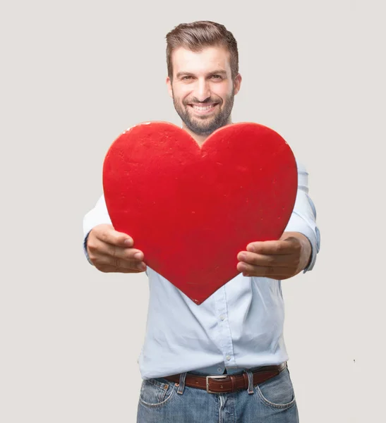 Young Handsome Man Holding Heart Symbol Wearing Blue Shirt Person — Stock Photo, Image