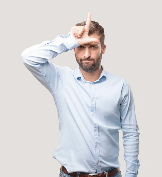 Jonge Knappe Man Met Verliezer Teken Blauw Shirt Tevreden Expressie — Stockfoto