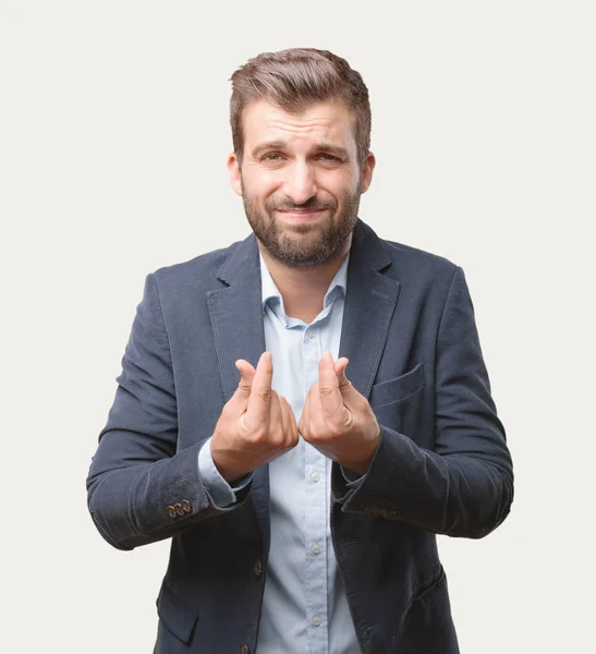 Homem Negócios Bonito Jovem Com Gesto Sinal Dinheiro Vestindo Blazer — Fotografia de Stock