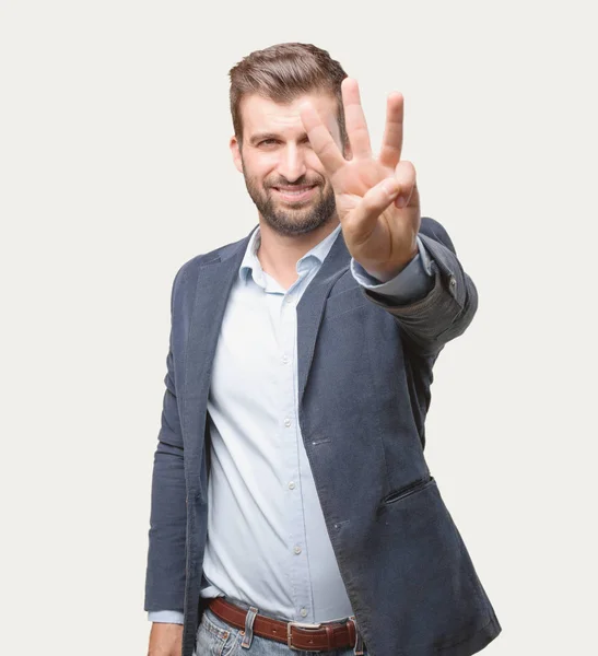 Junger Gutaussehender Geschäftsmann Mit Schild Nummer Drei Blauem Blazer Fröhlichem — Stockfoto