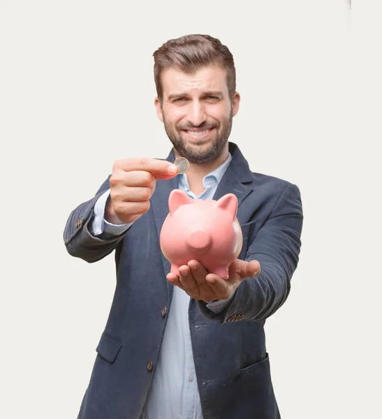 Young Handsome Businessman Blue Blazer Holding Piggy Bank Happy Celebrating — Stock Photo, Image