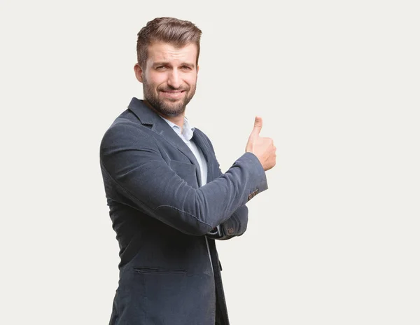 Young Handsome Businessman All Right Sign Blue Blazer Happy Expression — Stock Photo, Image