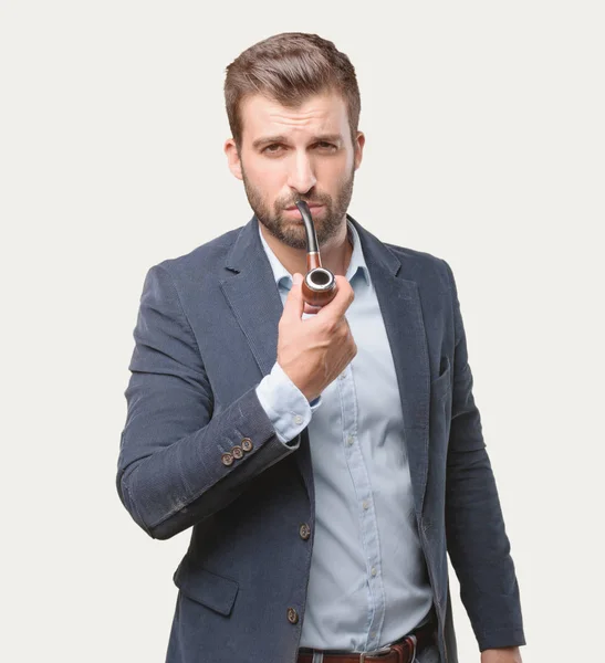 Młody Przystojny Biznesmen Palenie Rocznika Rury Noszenie Blue Blazer Spełnione — Zdjęcie stockowe